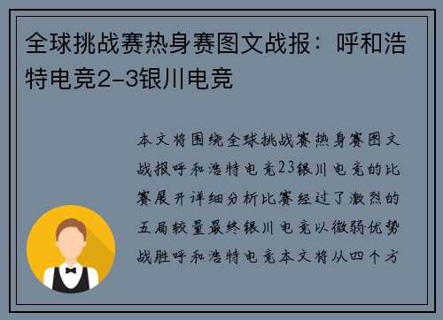 全球挑战赛热身赛图文战报：呼和浩特电竞2-3银川电竞